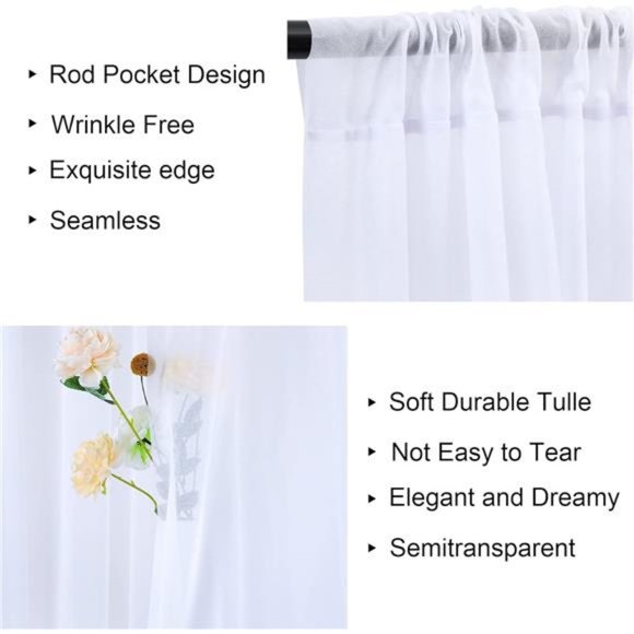 10x10ft White Sheer Tulle Backdrop Curtains for Parties Wedding, 2 Panels 5x10ft - Picture 5 of 6